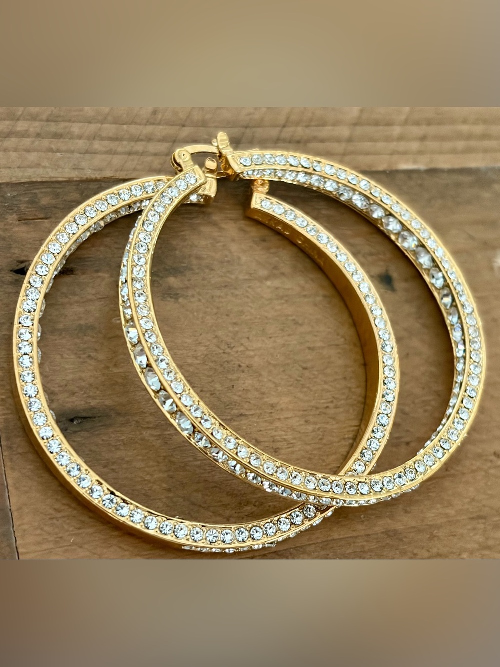 AKKAD HSN GOLD TONE PAVE CRYSTAL HOOP EARRINGS 2” ROUND